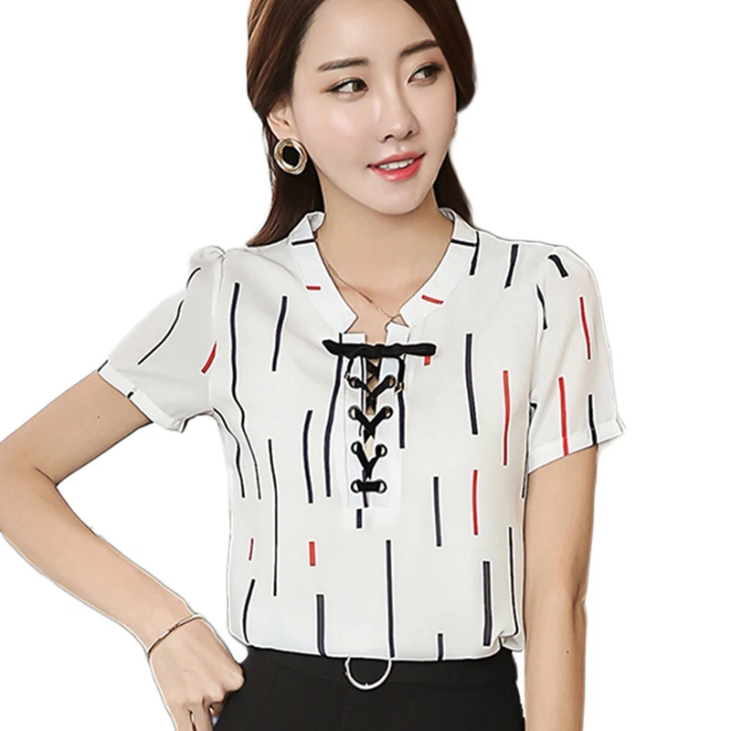 Summer Fashion Women Chiffon Shirts Sexy V Neck Tops Female Striped Bandage Blouse Casual Short Sleeve Blouses Camisas Femininas |