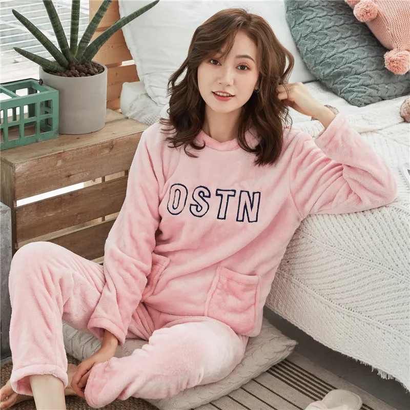 Women Sleepwear Pyjama Suit Embroidery Thick Warm Cute Sleep Pajamas Set Girls Coral Fleece Pajamas for Women Flannel Homewear