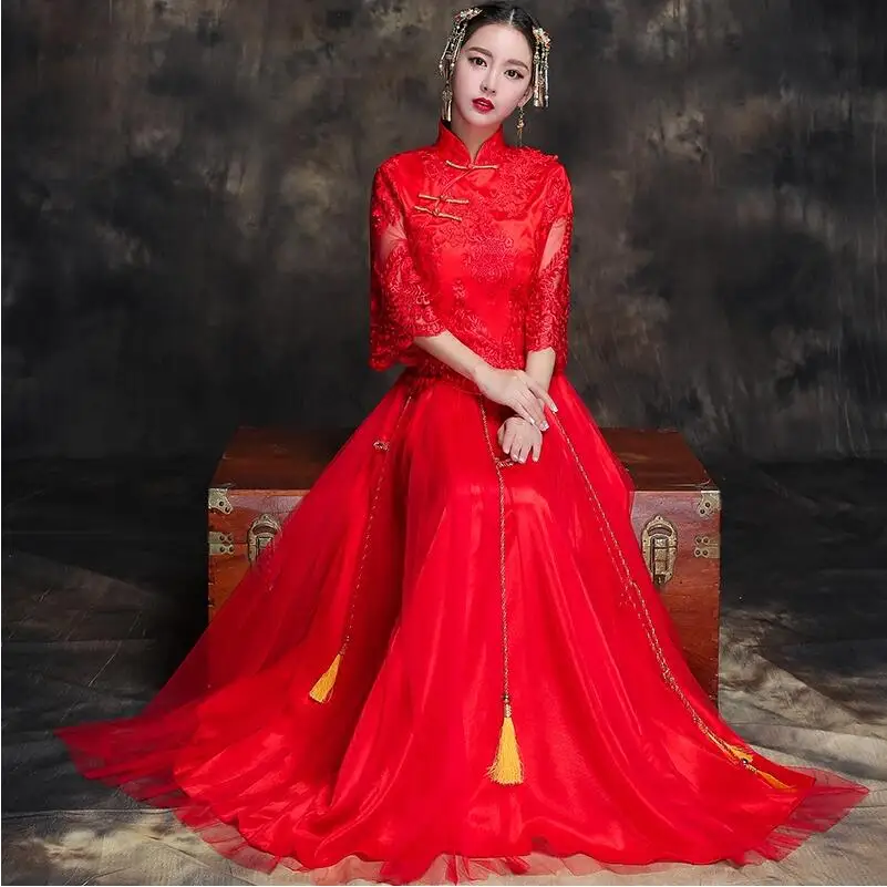 

Chinese Lace Wedding cheongsam Qipao Red Sexy Cheongsam Modern Chinese Traditional Wedding Dress Women Vestido Oriental Collars