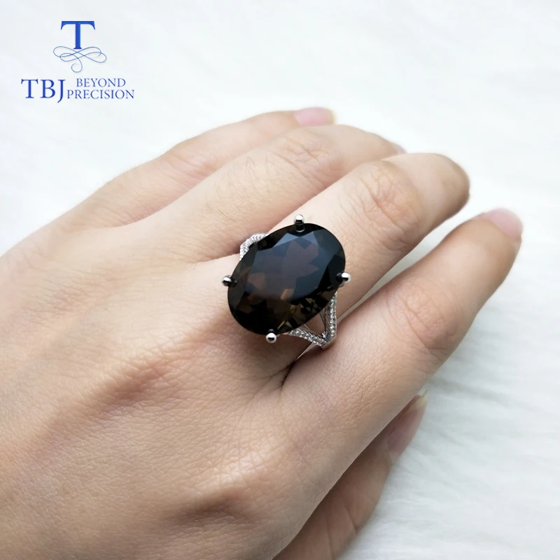 TBJ, большой натуральный драгоценный камень 11ct дымчатый кольца белого цвета 925 пробы драгоценности из серебра и камней для женщин с коробкой, Подарок на годовщину