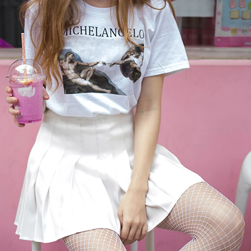 

Michelangelo Sistina Tshirt harajuku Ulzzang Tumblr T-shirt Women Top kawaii Summer White Short Sleeve Tops