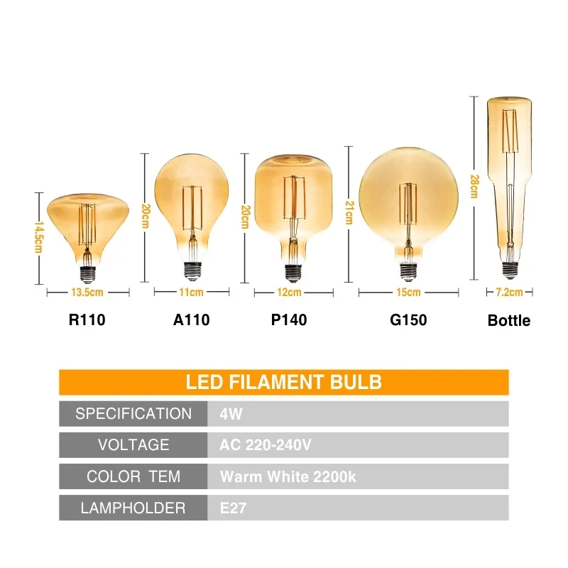 Винтажная лампа Эдисона R110 A110 P140 G150 бутылка лампочка для люстры 220 В светодиодный