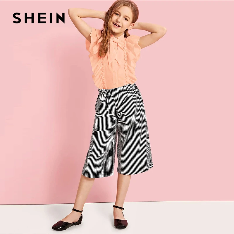 SHEIN/Детская многослойная блузка с оборками и завязками на шее для девочек; милые топы для детей; коллекция года; летние однотонные рубашки без рукавов с пуговицами спереди в консервативном стиле
