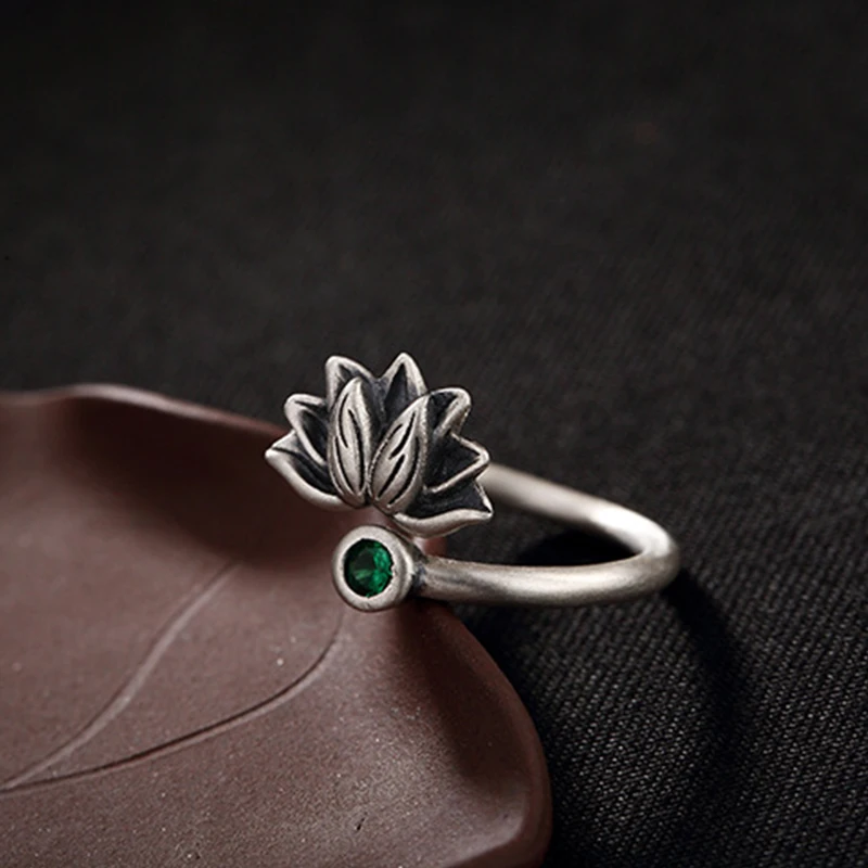 BALMORA 925 Sterling Silver Lotus Flower Open Rings for Women Men Gift Green Zircon Vintage Ring Jewelry Anillos | Украшения и
