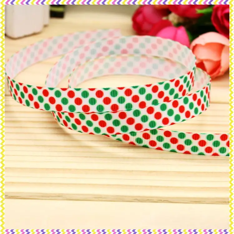 

3/8'' Free shipping christmas dots printed grosgrain ribbon hair bow headwear party decoration wholesale OEM 9mm H4372