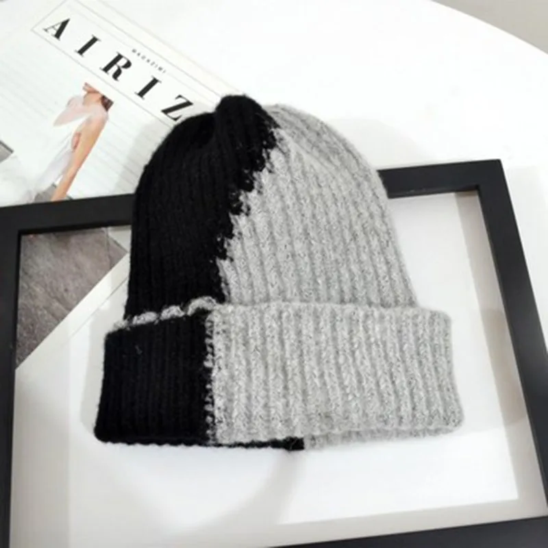 Модные двухцветные Лоскутные Шапки для женщин зимние теплые Skullies хлопковые