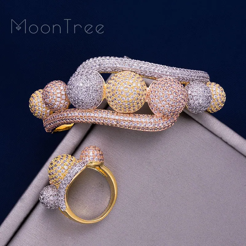 MoonTree роскошный шар соединенный полный Mirco проложить кубический циркон 3 тона свадебный браслет для женщин браслет кольцо модный ювелирный набор