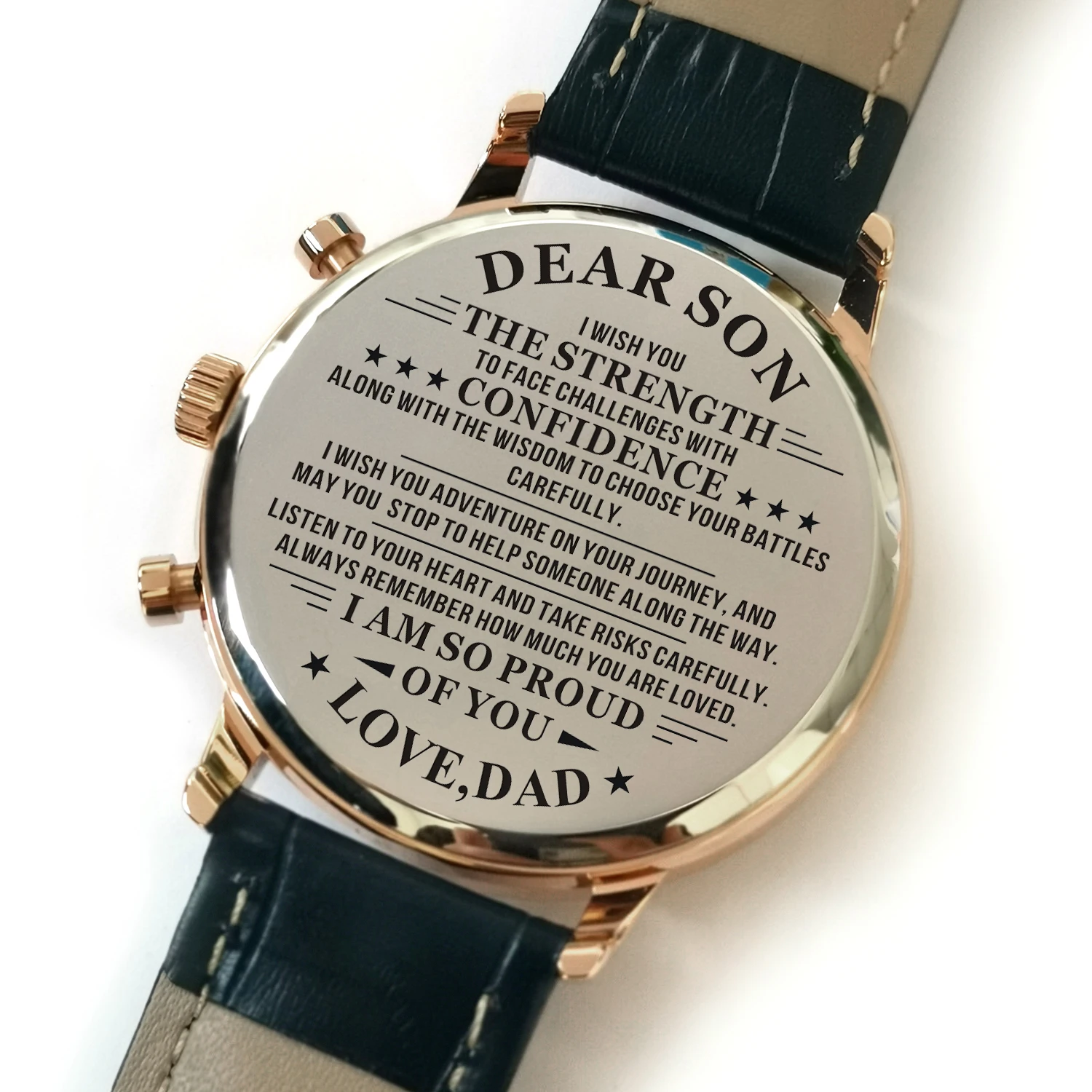 K4500-7 Dad To My Son Роскошные модные часы для отдыха 30 м водонепроницаемые часы с гравировкой календарь 24 часа секунды Dail аналоговые Мужские часы