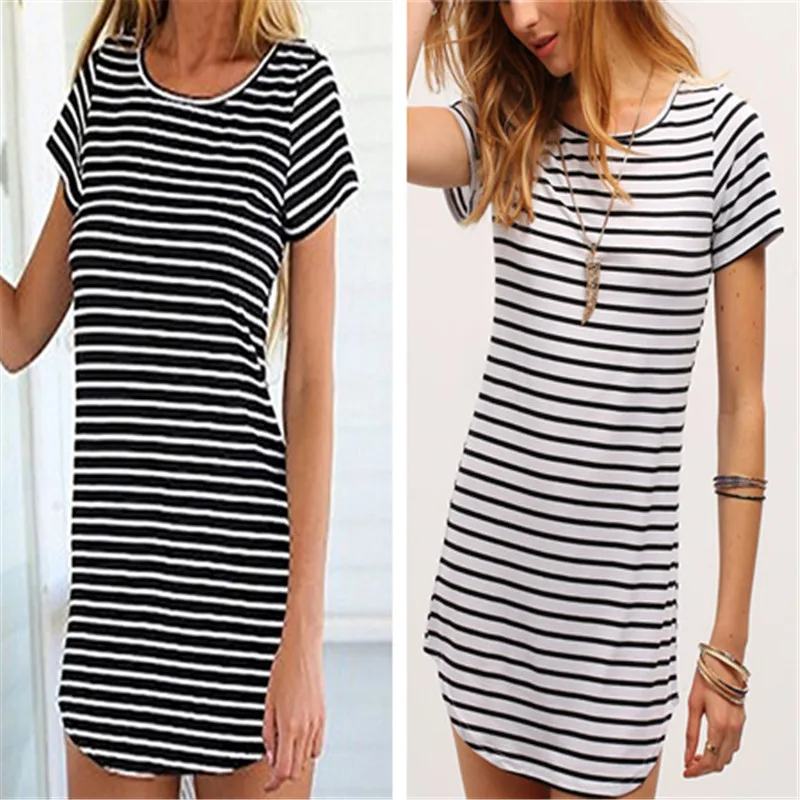 Новое поступление женский сарафан черно-белое Полосатое мини-платье с круглым