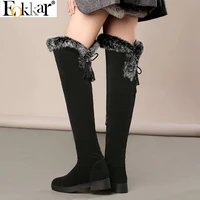 eokkar 2020 short plush platform snow boots round toe low heels over the knee high boots tassel black winter shoes size 34 43