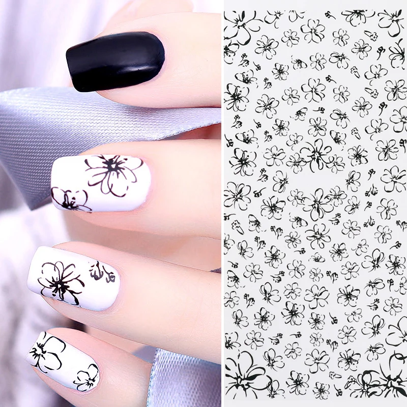 1 лист линии цветок воды Наклейка Черный Простой рисунок ногтей переводная