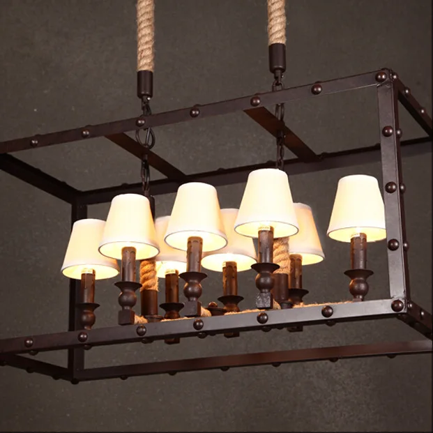 

Rusty iron retro industrial iron box pendant light Dining 8 head rope rust colored Rectangle Pendant light hanging lamp