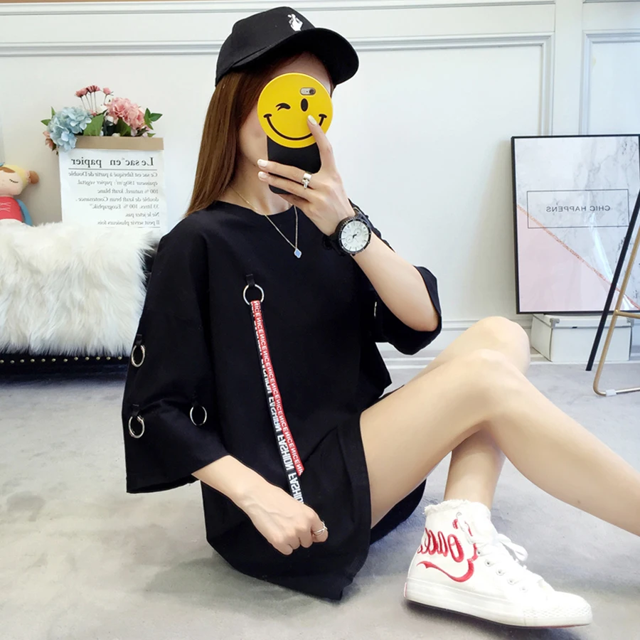 Длинная летняя футболка для женщин K pop с ленточным кольцом свободная уличная Ulzzang