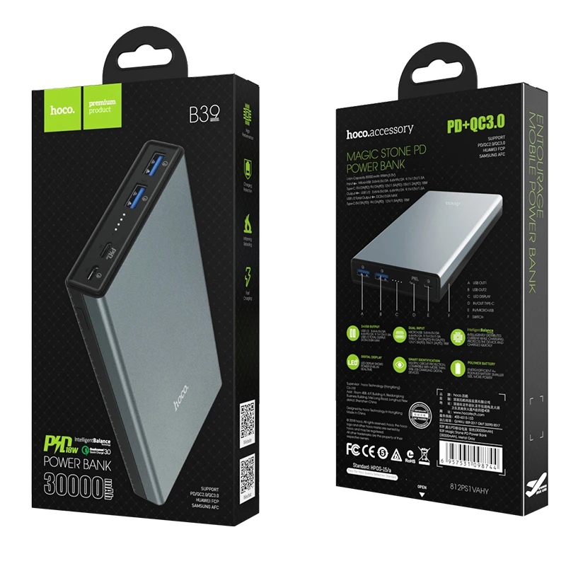 HOCO 30000 мАч Внешний аккумулятор 18 Вт usb type C внешние аккумуляторы QC3.0 PD Двусторонняя Быстрая Зарядка Внешний аккумулятор светодиодный дисплей зарядное устройство для мобильного телефона