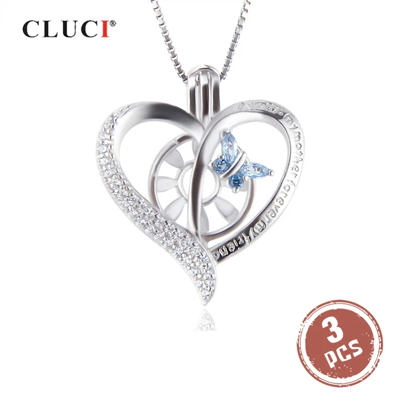 CLUCI 3pcs Silver 925 Heart Butterfly Pendant for Women Necklace Jewelry 925 Sterling Silver Zircon Pendant Jewelry SC351SB
