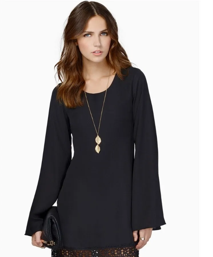 2018 spring and autumn ladies dress solid color lace loose Large code long sleeve Size: S M L XL XXL | Женская одежда