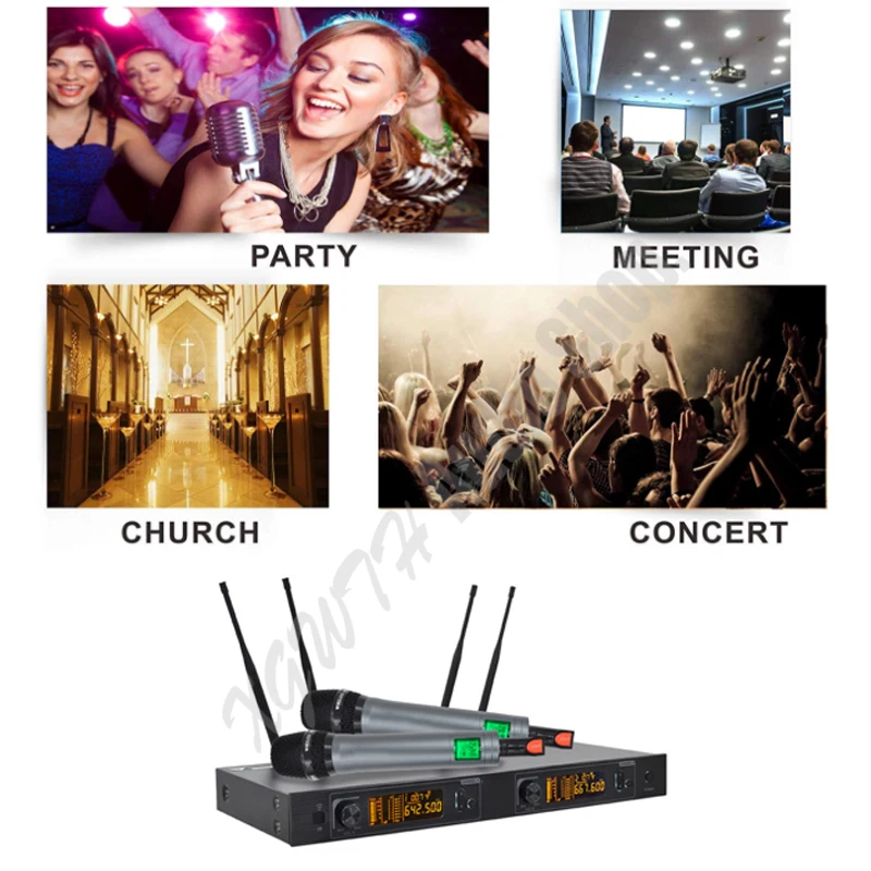 

UHF Handheld Dynamic Cardioid Karaoke Microphone Wireless Professional System 2 Channel Frequency Adjustable Cordless For Church