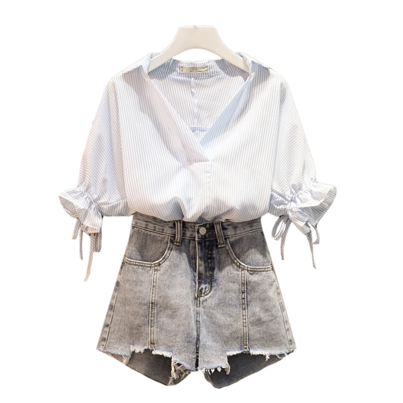 Женский джинсовый комплект из 2 предметов: майка + шифоновые футболки с коротким