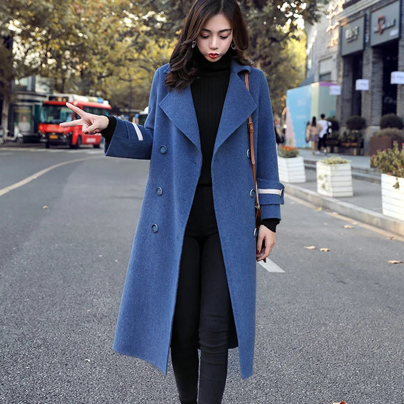 Smoky blue Double-breasted woolen coat female long section 2019 new spring autumn popular Hepburn wind z34 | Женская одежда