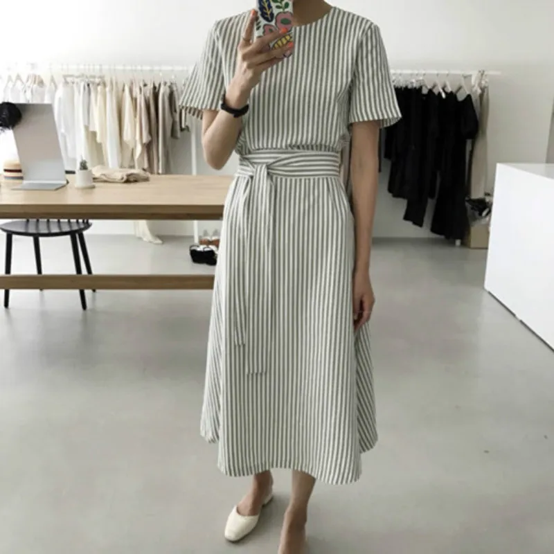 Женское летнее длинное Полосатое платье с повязкой, Vestidos с поясом, повседневное облегающее зеленое платье, Femme Sukienki Vestiti Donna