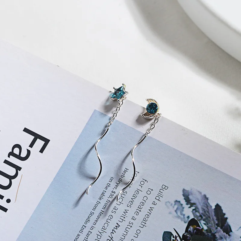 S925 sterling silver blue crystal star moon asymmetrical earrings ladies spiral pentagram ear ornaments jewelry gift 6-ES3141 | Украшения и