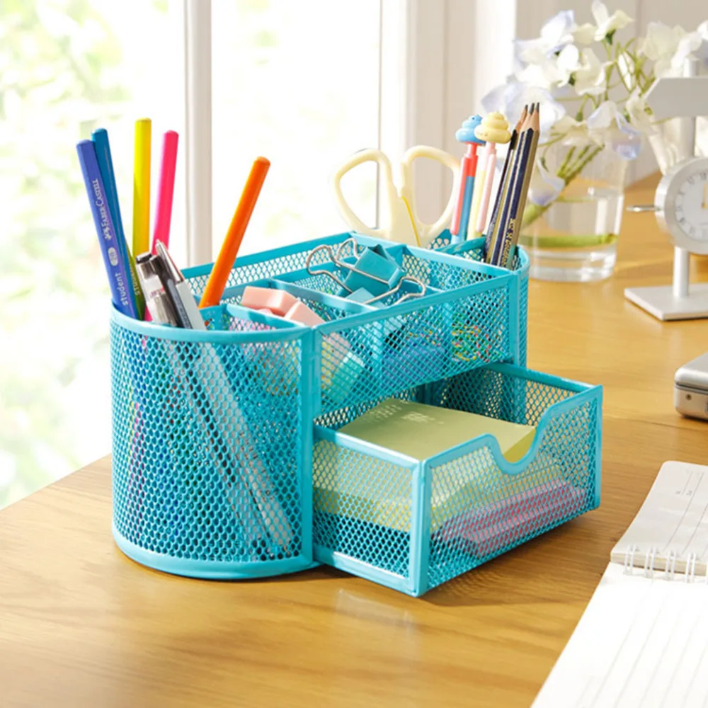 

Multifuction Desk Organizer Office 9 Cells Metal Mesh Desktop Pencil Pen Holder Study Storage Stationery Pen Pencil Organizer