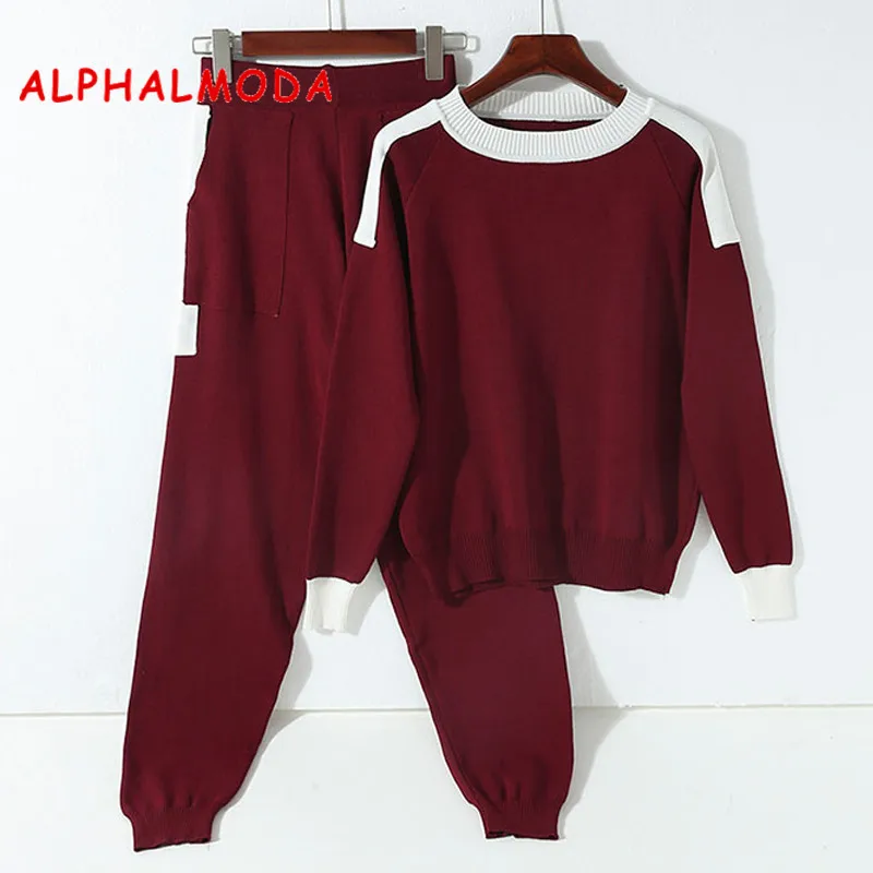 Женский комплект одежды ALPHALMODA вязаные штаны и свитер Пуловеры с круглым вырезом