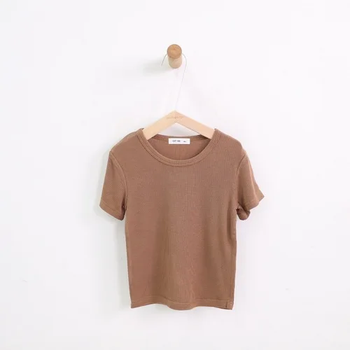 Light Brown Новые летние детские ребристые хлопковая футболка с коротким рукавом Топ для маленьких девочек, тонкие и мягкие футболки для девочек с Круглый вырез - Цвет: Light Brown