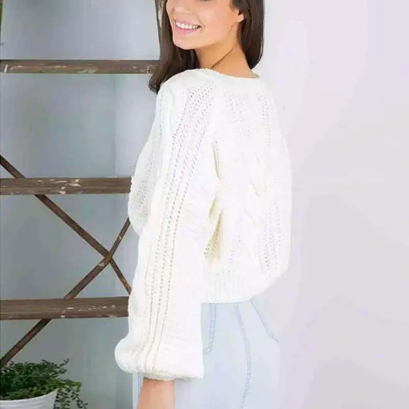 Autumn Short Knitted Sexy Sweater Women Pullover Crop Tops Winter White Lantern Sleeve O-Neck Warm Sweaters Female Pullovers | Женская