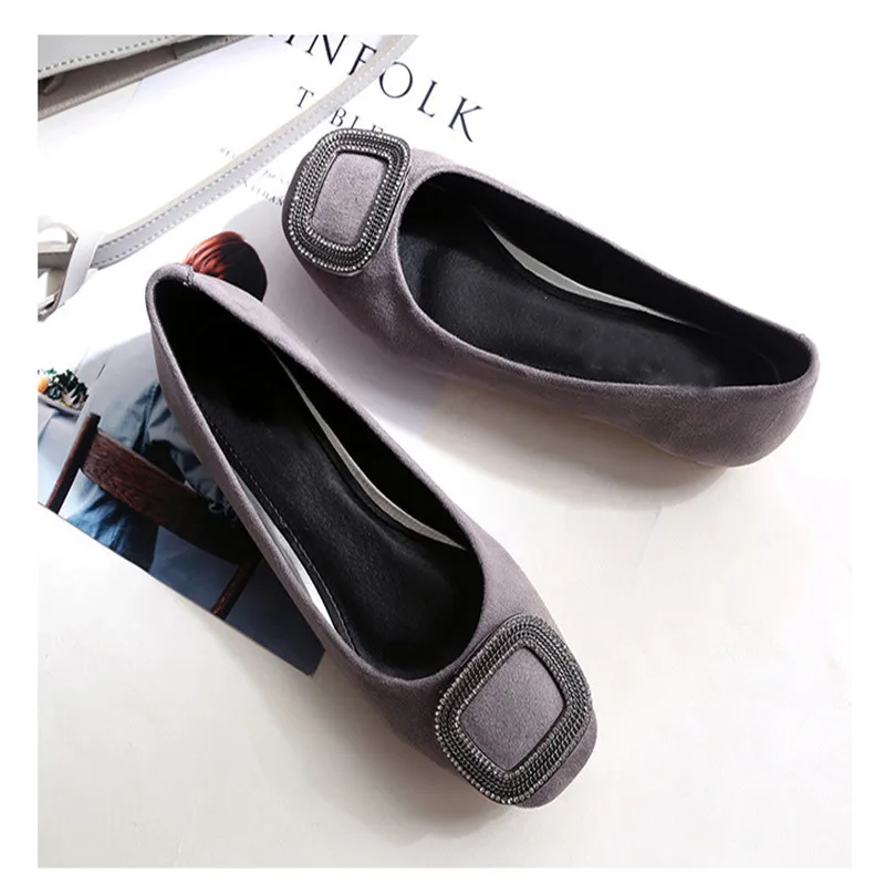 

BEYARNE Women's shoes flats leather fashion square toe diamond Metal Buckle Flock Women casual flat heel shoes