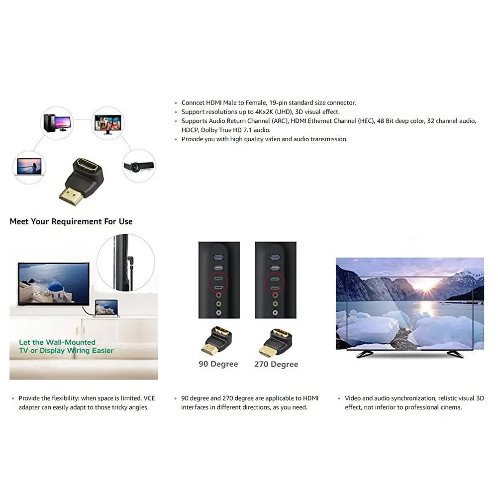 HDMI адаптер для подключения мужчин и женщин 270/90 градусов позолоченный правый угол
