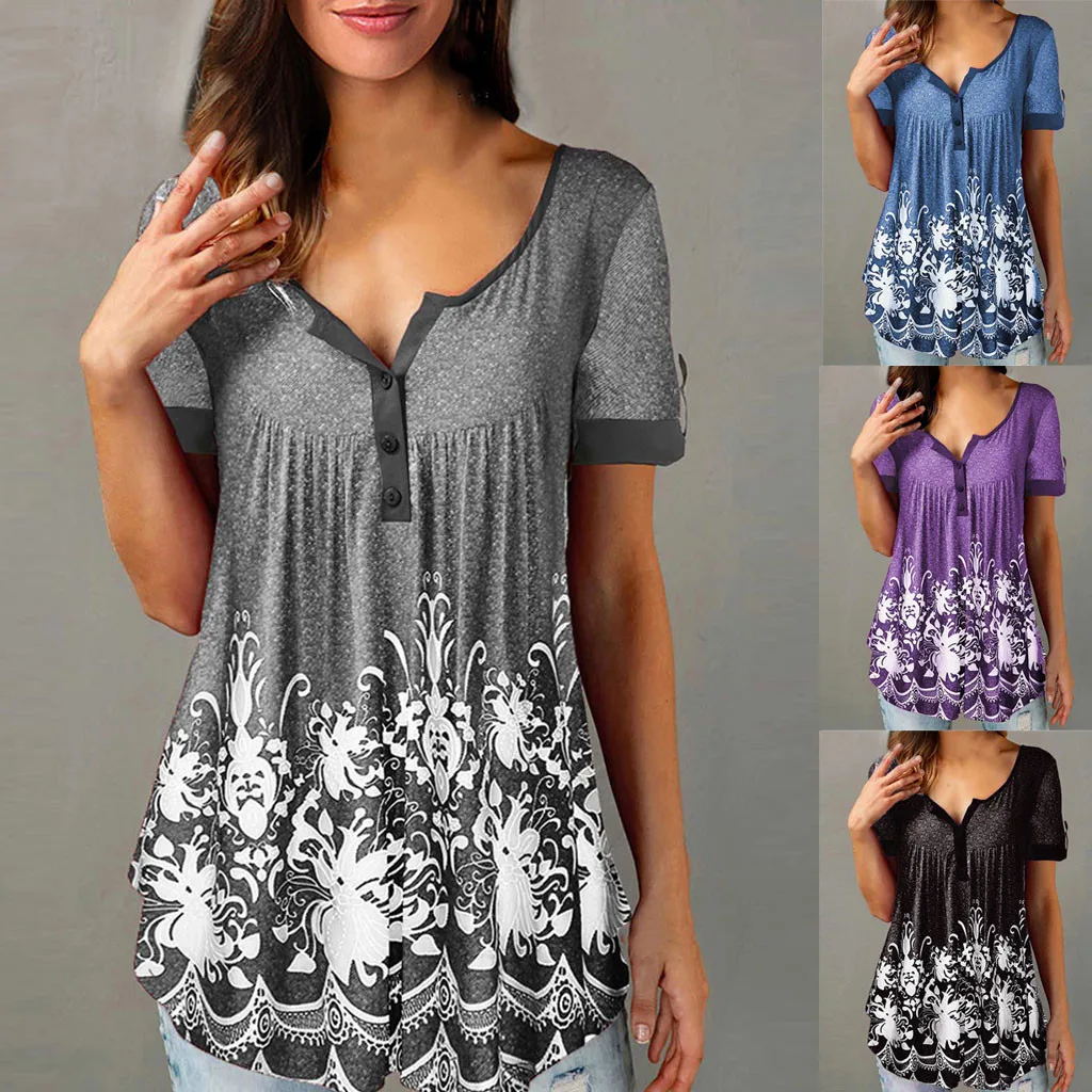 

FREE OSTRICH Women Shirts Button Flower Short Sleeve Purple Loose V-collar Trend Elegant Noble Simple Summer Blouse Shirts