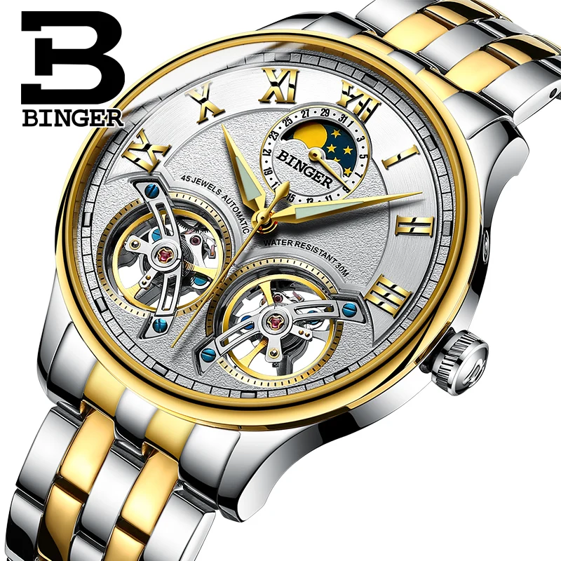 BINGER colouring Gold Hollow Automatic Mechanical Watches Men Luxury Brand Steel Strap Casual Skeleton Watch Luminous Clock 2017| |