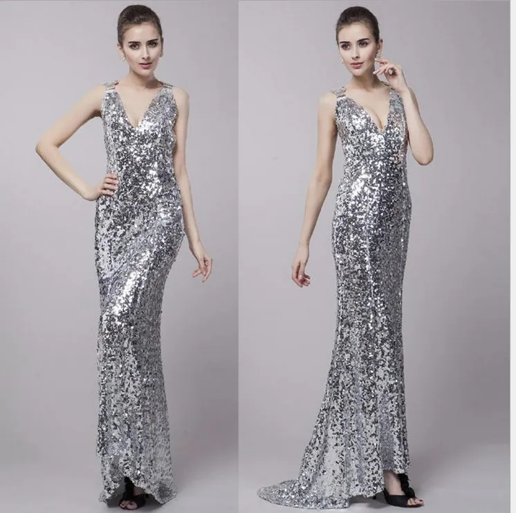 Черный серебристый красное золото вечерние платья русалка блесток невесты V шеи