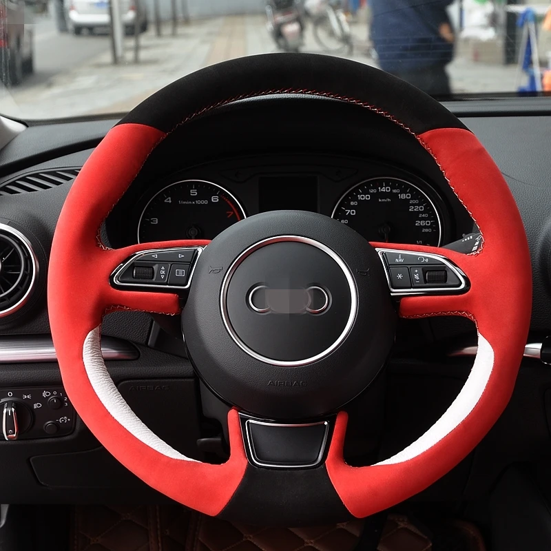 BANNIS Hand-stitched Black Red Suede White Leather Car Steering Wheel Cover for Audi A1 A3 A5 A7 | Автомобили и мотоциклы