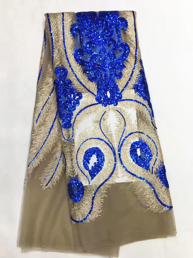 5 Y/pc New fashion brown french net lace fabric with royal blue and gold sequins decoration african mesh for clothes LJ23-7 | Дом и сад