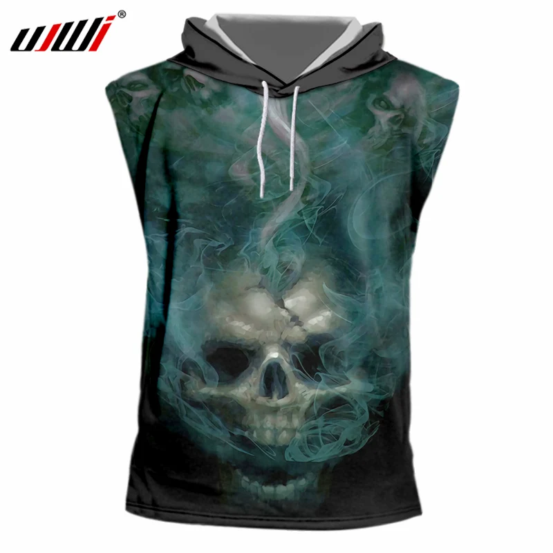 UJWI Dropshipping T-shirts Men Summer Cool Print Smoking Gold Skull Sleeveless Hooded Tshirt Homme Hip Hop Punk Style Undershirt | Мужская