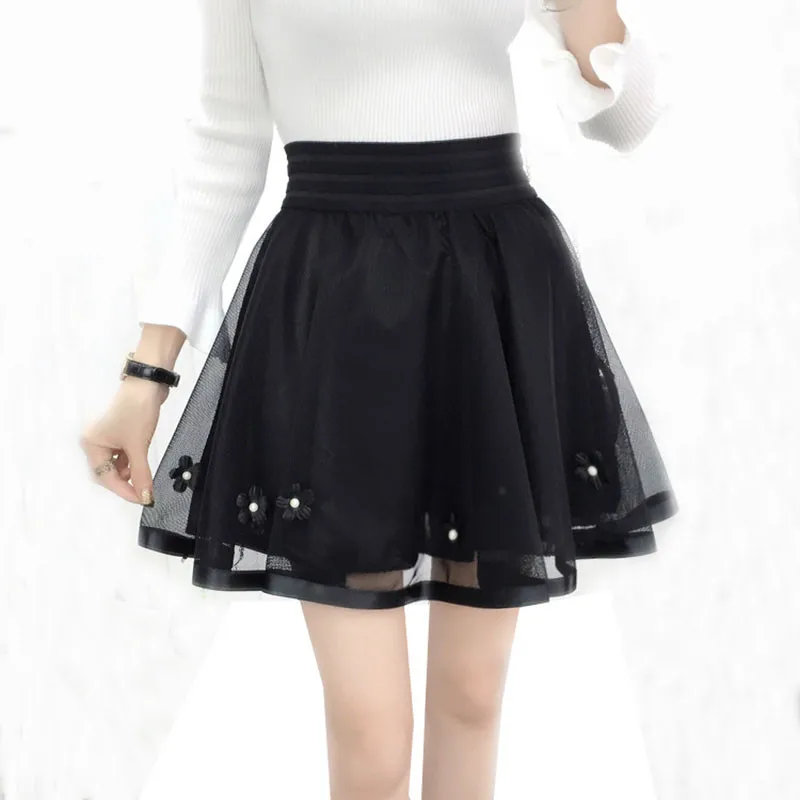 

2018 Women Black Short Mini Skirt Spring Summer Elastic High Waist Beading Mesh Lace Skirts Lady Sweet Tulle Umbrella Skirt A810