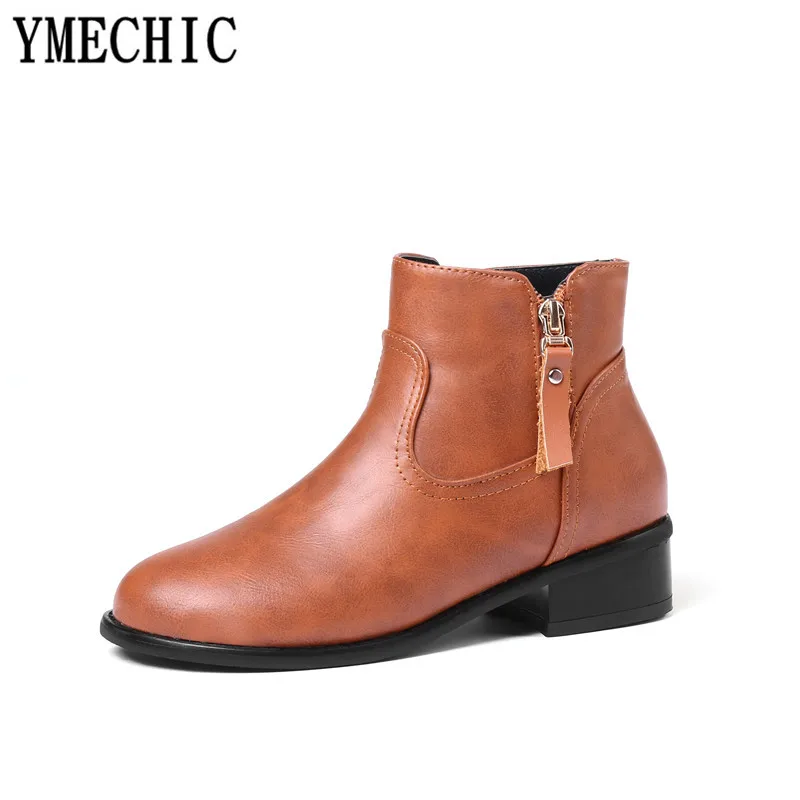 YMECHIC 2018 женская зимняя обувь на низком блочном каблуке черные коричневые женские