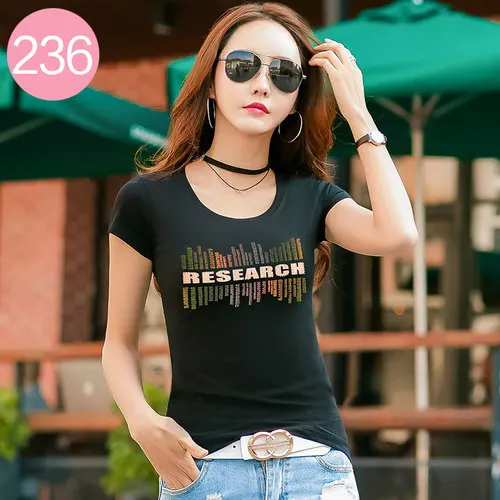 236 Black Женская футболка с геометрическим узором и буквенным бисером с коротким рукавом, женская летняя футболка с круглым вырезом, хлопковые тонкие повседневные топы, женская футболка большого размера - Цвет: 236 Black