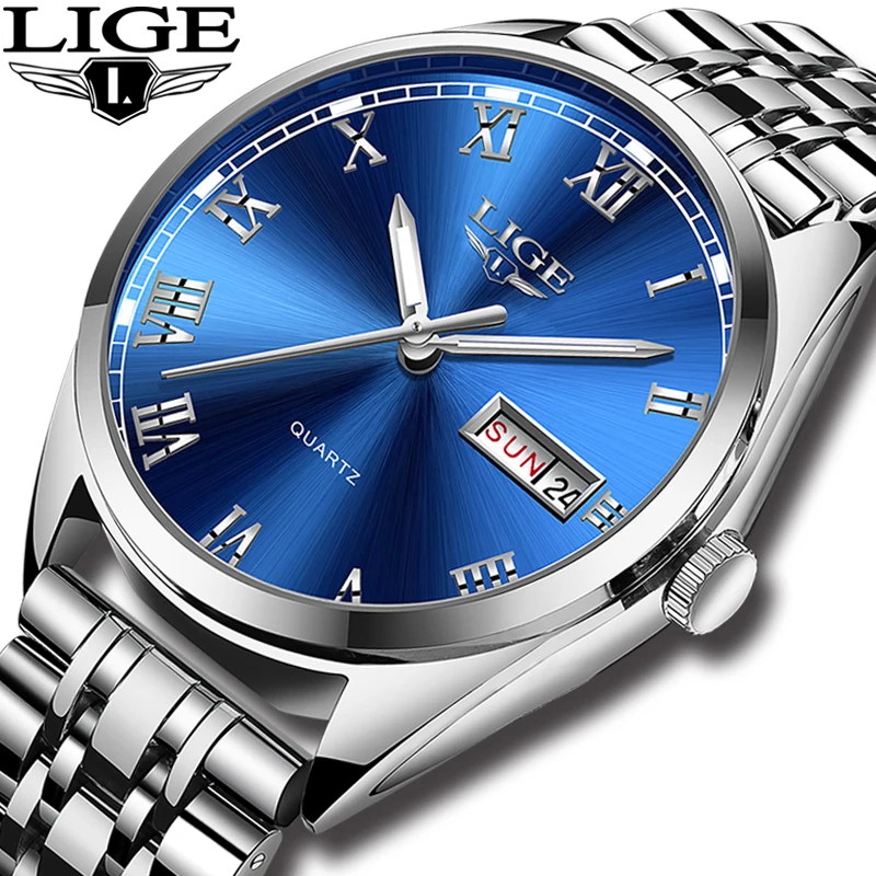 LIGE Watches Men Waterproof Stainless Steel Luxury Analogue Wrist Watches Week Display Date Sports Quartz Watch Men Montre Homme
