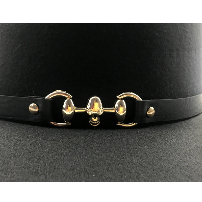 

YY Metal Skull Belt Fedora Cap Men Winter Vintage Trilby Hats Women Warm Felt Cap Wide Brim Top Jazz Panama Hats 9 Colors 18126