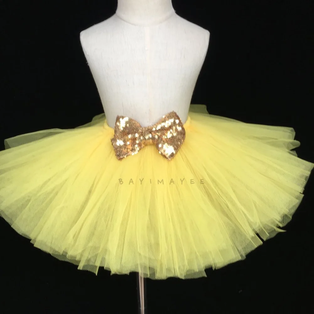 

Cute Girls Yellow Tutu Skirt Girls Fluffy Tulle Pettiskirt Glitter Ballet Tutus with Gold Sequin Bow Kids Party Costume Skirts