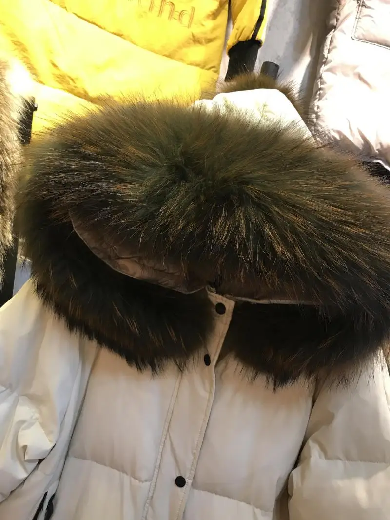 Новинка года, женское пуховое пальто manteau femme, куртка-пуховик для женщин, женская парка большого размера, натуральный мех с капюшоном цвета слоновой кости, черный, большие размеры