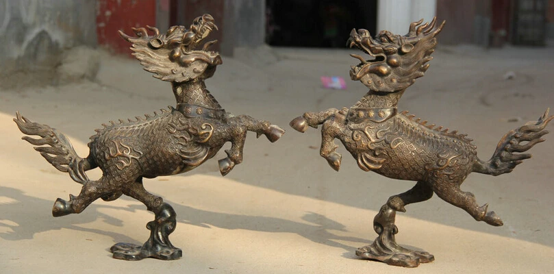 

song voge gem S1881 19" Chinese Bronze Folk exorcise Beast Kylin Chi-lin Qilin sculpture Statue Pair