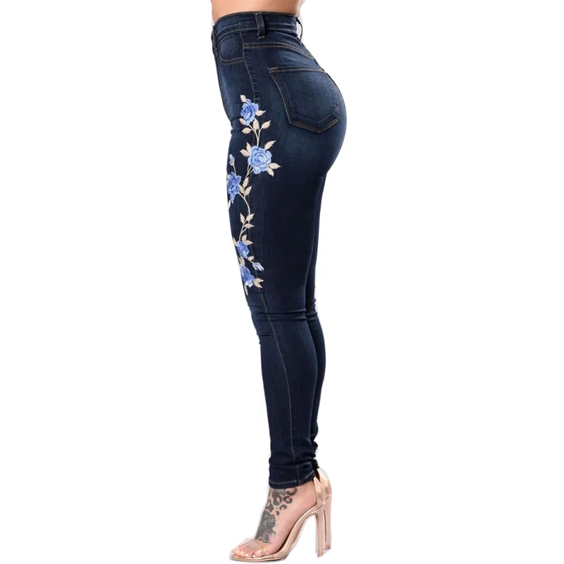 Dark Blue Embroidery Jeans 2017 High Waist Woman Plus Size Denim Women Push Up Female Stretch Slim mom |