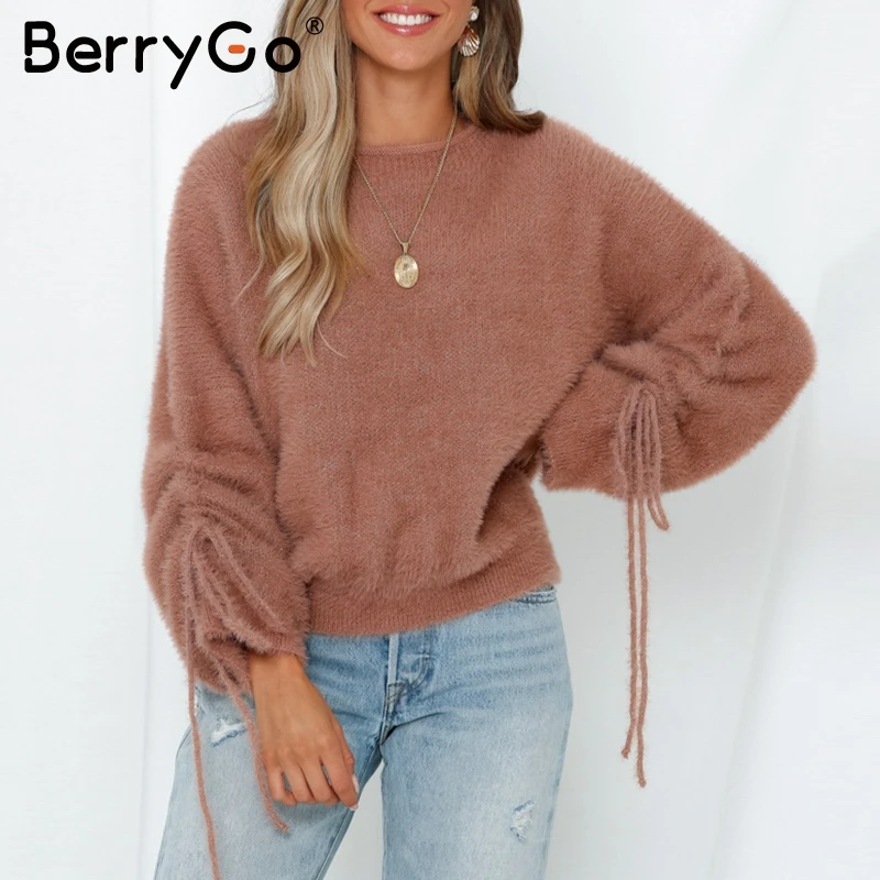 BerryGo Lace up soft mohair pullover women sweater O neck drop sleeve sweaters female Casual streetwear ladies knitted jumpers | Женская