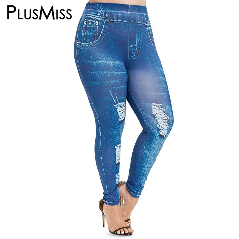PlusMiss размера плюс 5XL пикантные эластичную искусственную 3D Джинсы Леггинсы Для