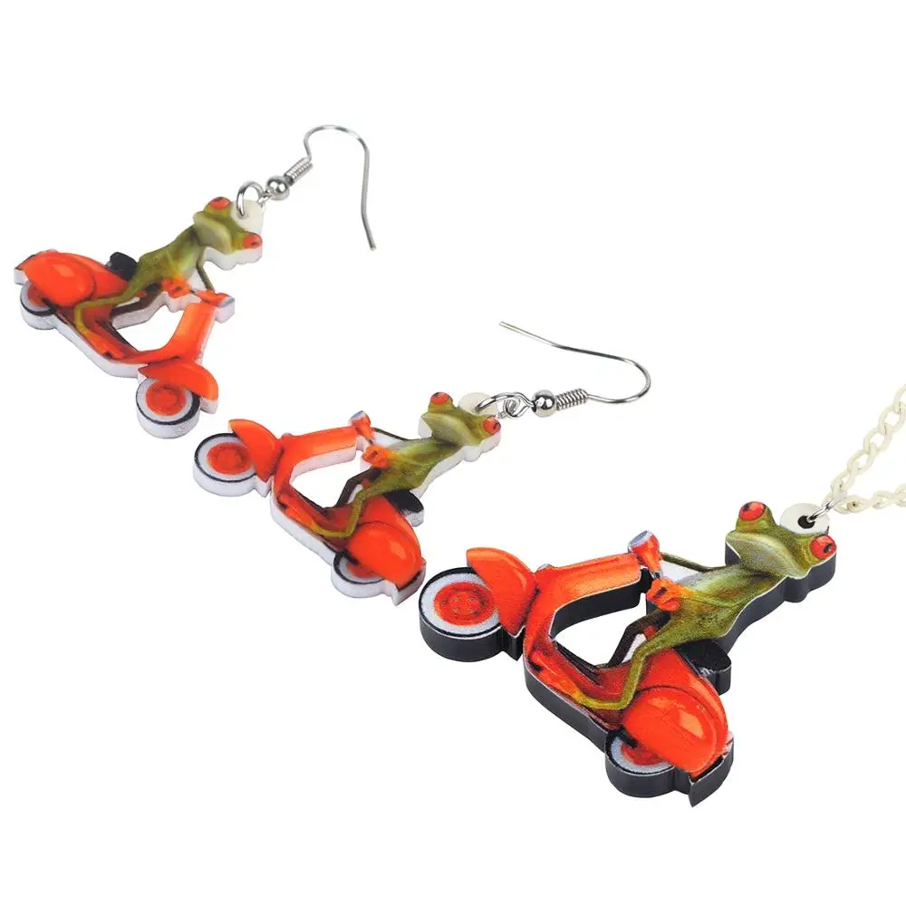 WEVENI Acrylic Jewelry Sets Orange Motorcycle Frog Necklace Earrings Drop Funny Animal Pendant For Women Girls Lovers Gift | Украшения и