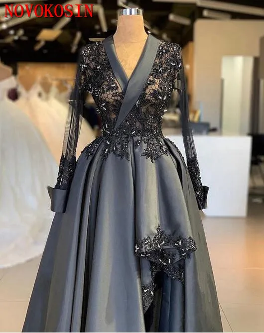 Long Sleeves Top See Through High Split Party Dress 2019 Deep V Neck Beaded Black Lace Women Formal Evening Gown robe de soiree | Свадьбы и